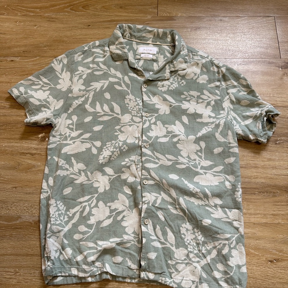 Porter and Ash Shirt Mens Floral Green Linen Blend Hawaiian Camp Button Up L